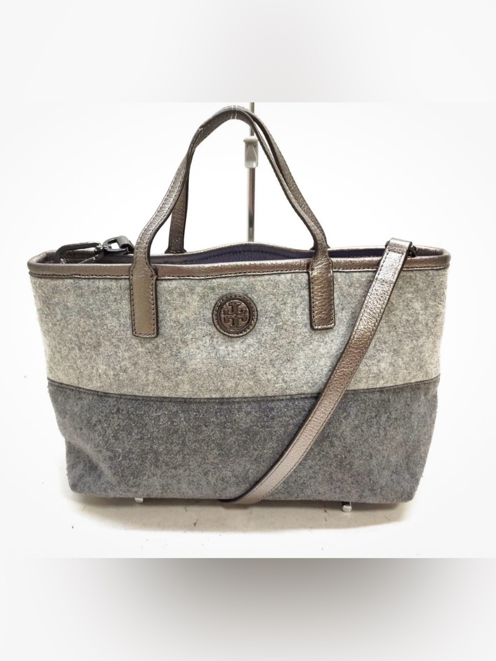 Tory Burch Two-Tone Gray Felt Tote with Metallic Trim - Picture 2 of 13